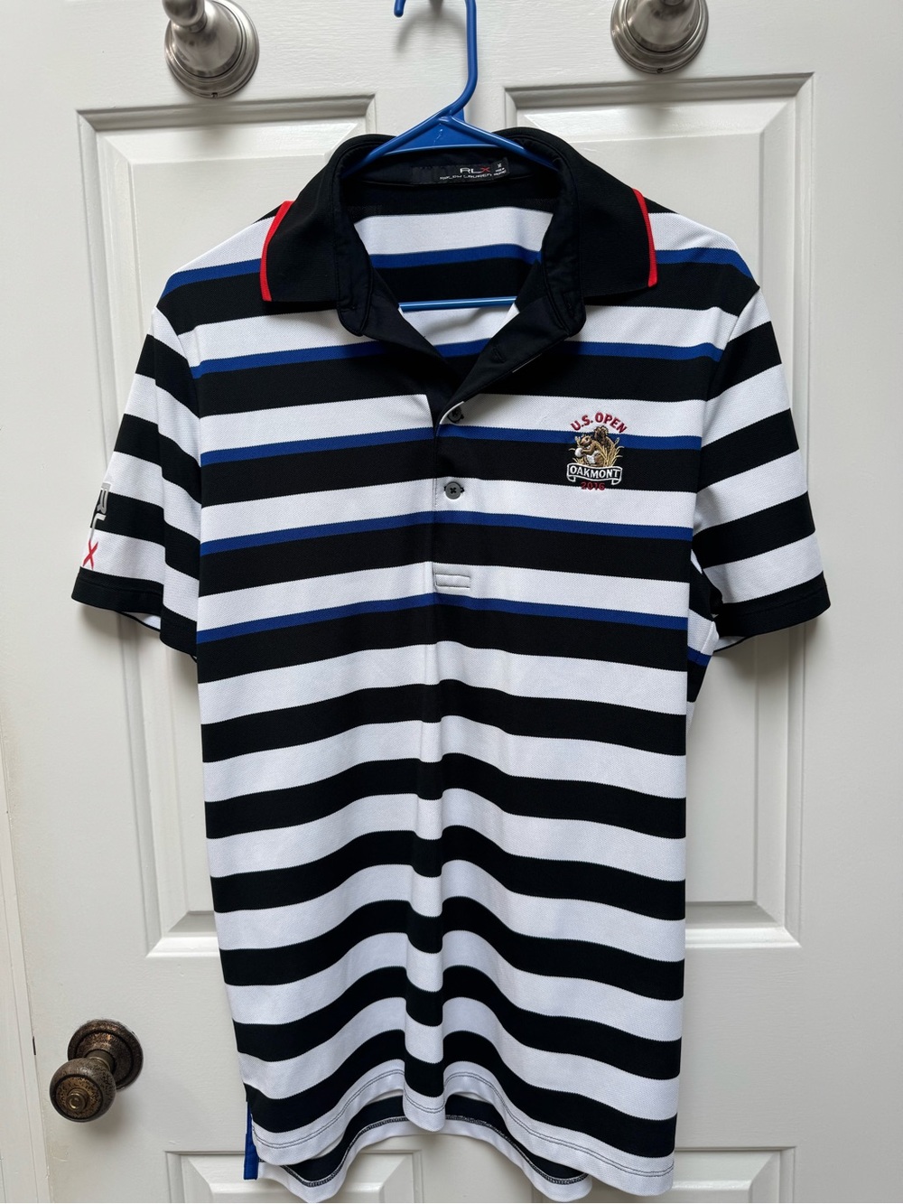 RLX Ralph Lauren Black, White & Blue Striped Polo with Red Trim
